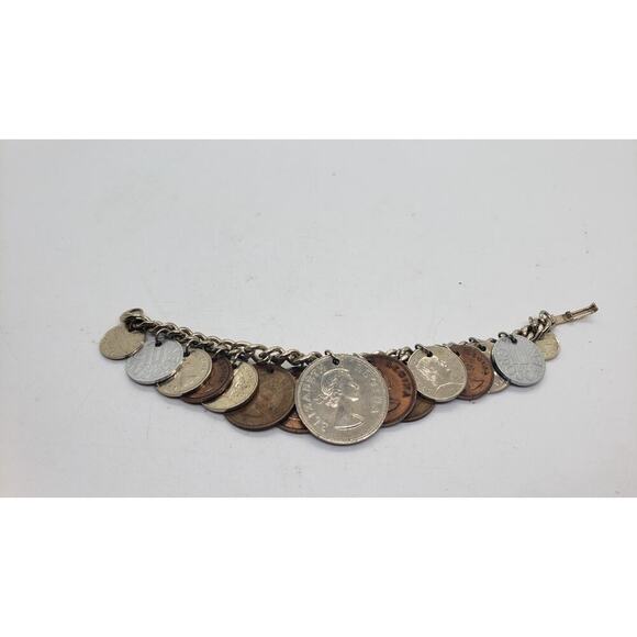 Vintage Coin Charm Bracelet Souvenir Mixed Coins Queen Elizabeth Regina Collect - Picture 2 of 11